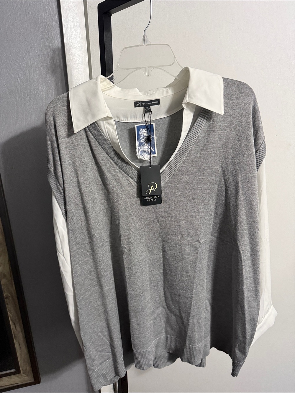 Adrianna Papell Gray Sweater Vest with Cream Shirt Detail